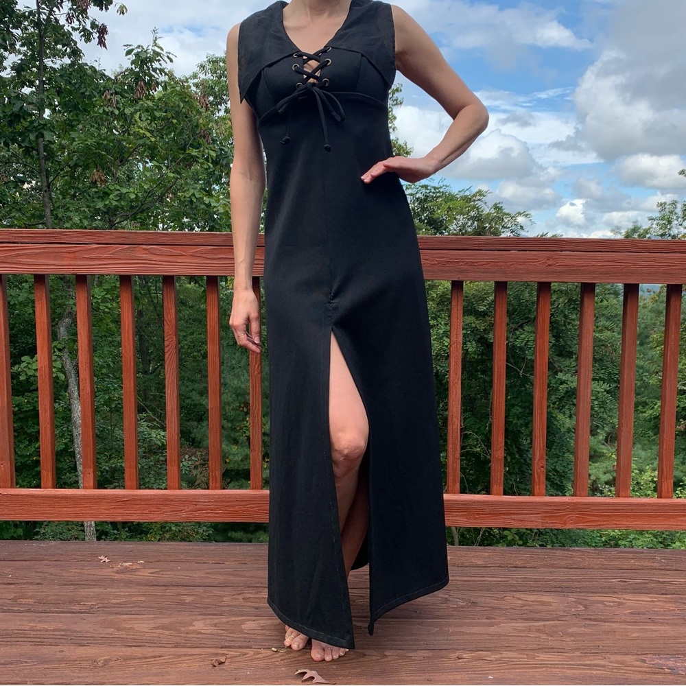 Black Witchy Dress Vintage Collared Maxi High Slit Open Back Lace Up Bust Retro